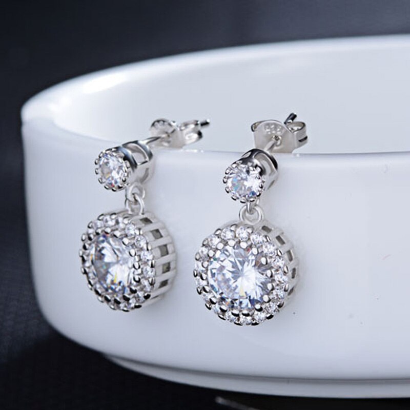 925 Stamp Silver Color Zircon Stud Earrings For Women Charm Round Drop Earrings Wedding Party Jewelry Female Gift GaaBou