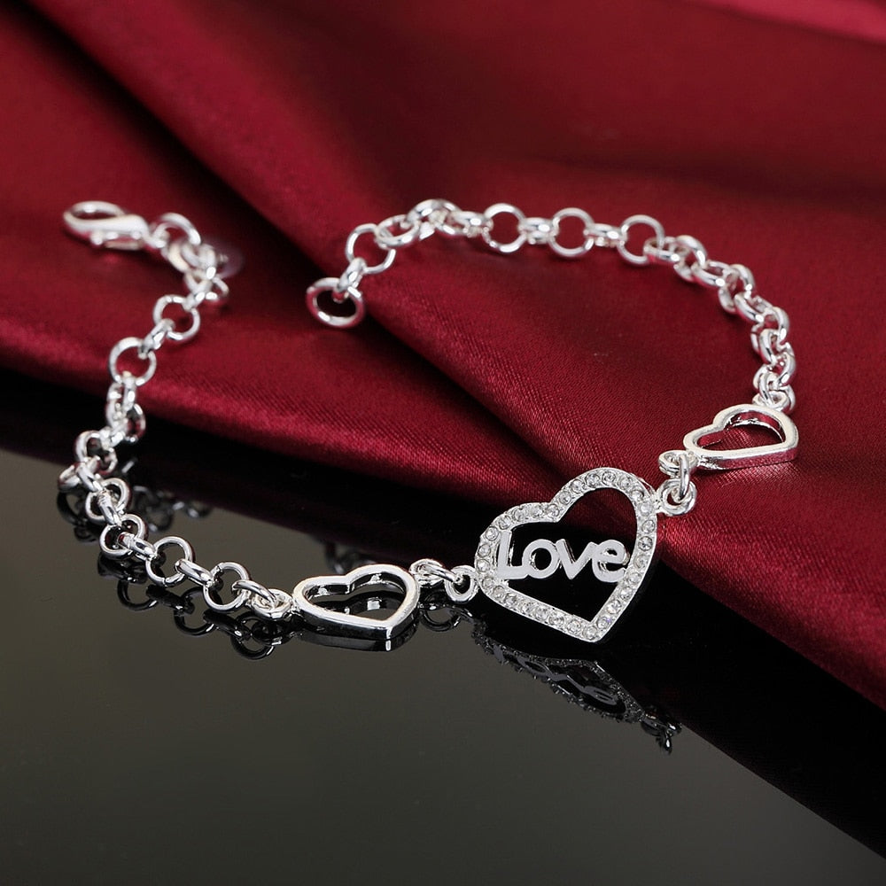 925 Stamp Silver Color heart LOVE Girl Bracelets Geometry Chain Line Party Retro Women's Jewelry Valentine's Gifts Christmas