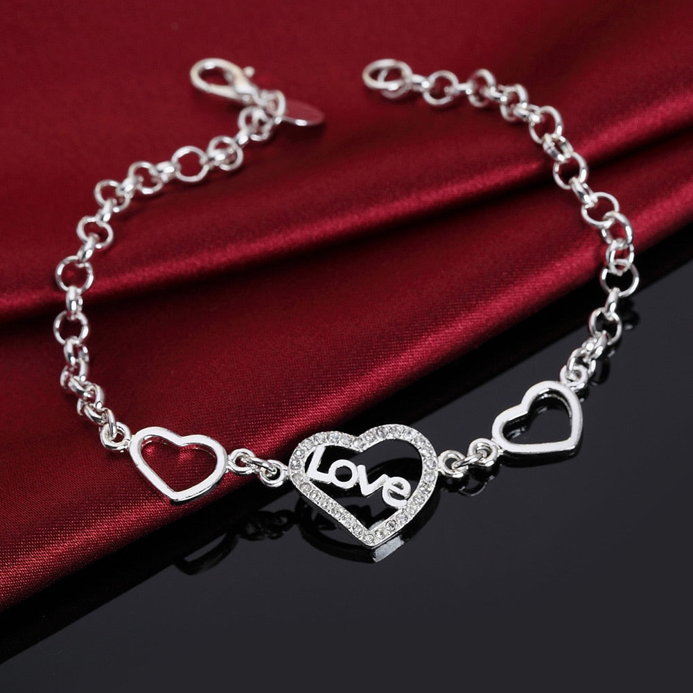 925 Stamp Silver Color heart LOVE Girl Bracelets Geometry Chain Line Party Retro Women's Jewelry Valentine's Gifts Christmas