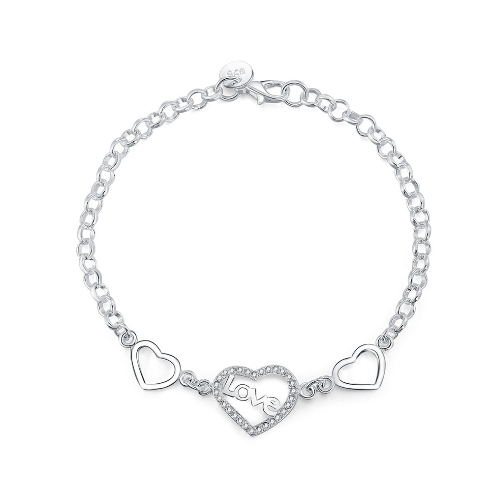 925 Stamp Silver Color heart LOVE Girl Bracelets Geometry Chain Line Party Retro Women's Jewelry Valentine's Gifts Christmas