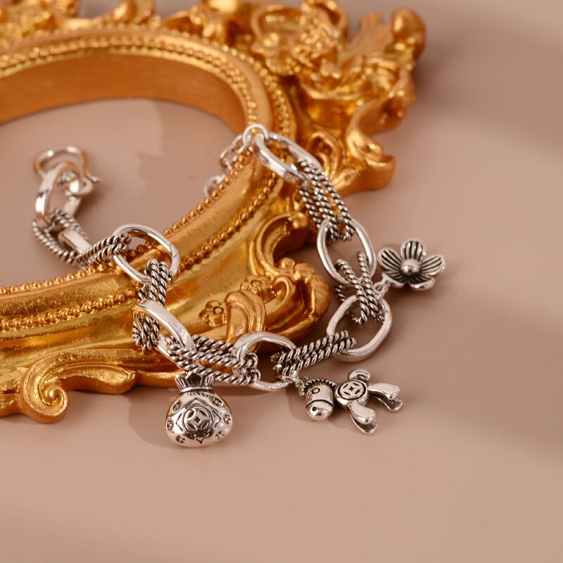 925 Stamp Silver Color lucky horse flower Pendant  bracelet for women 18cm Chain bangles Party Jewelry female Gifts Christmas