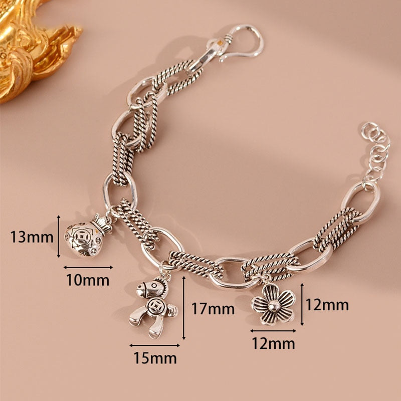 925 Stamp Silver Color lucky horse flower Pendant  bracelet for women 18cm Chain bangles Party Jewelry female Gifts Christmas
