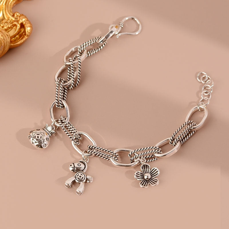 925 Stamp Silver Color lucky horse flower Pendant  bracelet for women 18cm Chain bangles Party Jewelry female Gifts Christmas