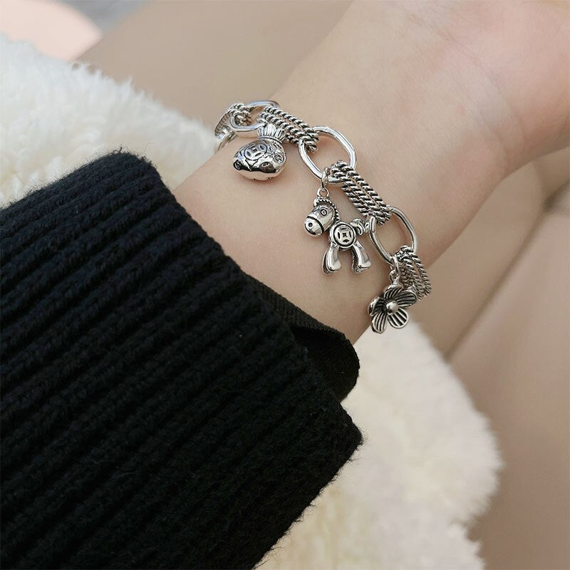 925 Stamp Silver Color lucky horse flower Pendant  bracelet for women 18cm Chain bangles Party Jewelry female Gifts Christmas