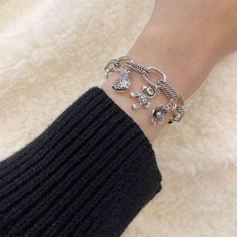 925 Stamp Silver Color lucky horse flower Pendant  bracelet for women 18cm Chain bangles Party Jewelry female Gifts Christmas