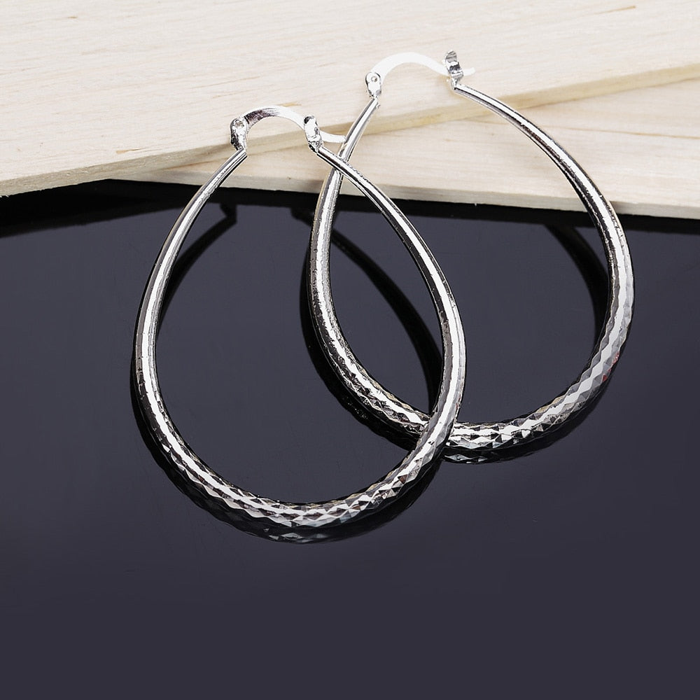 925 Stamp Silver ColorFrosted 40MM Big Round Hoop Earrings For Women Earrings  Christmas Jewelry Female Gift