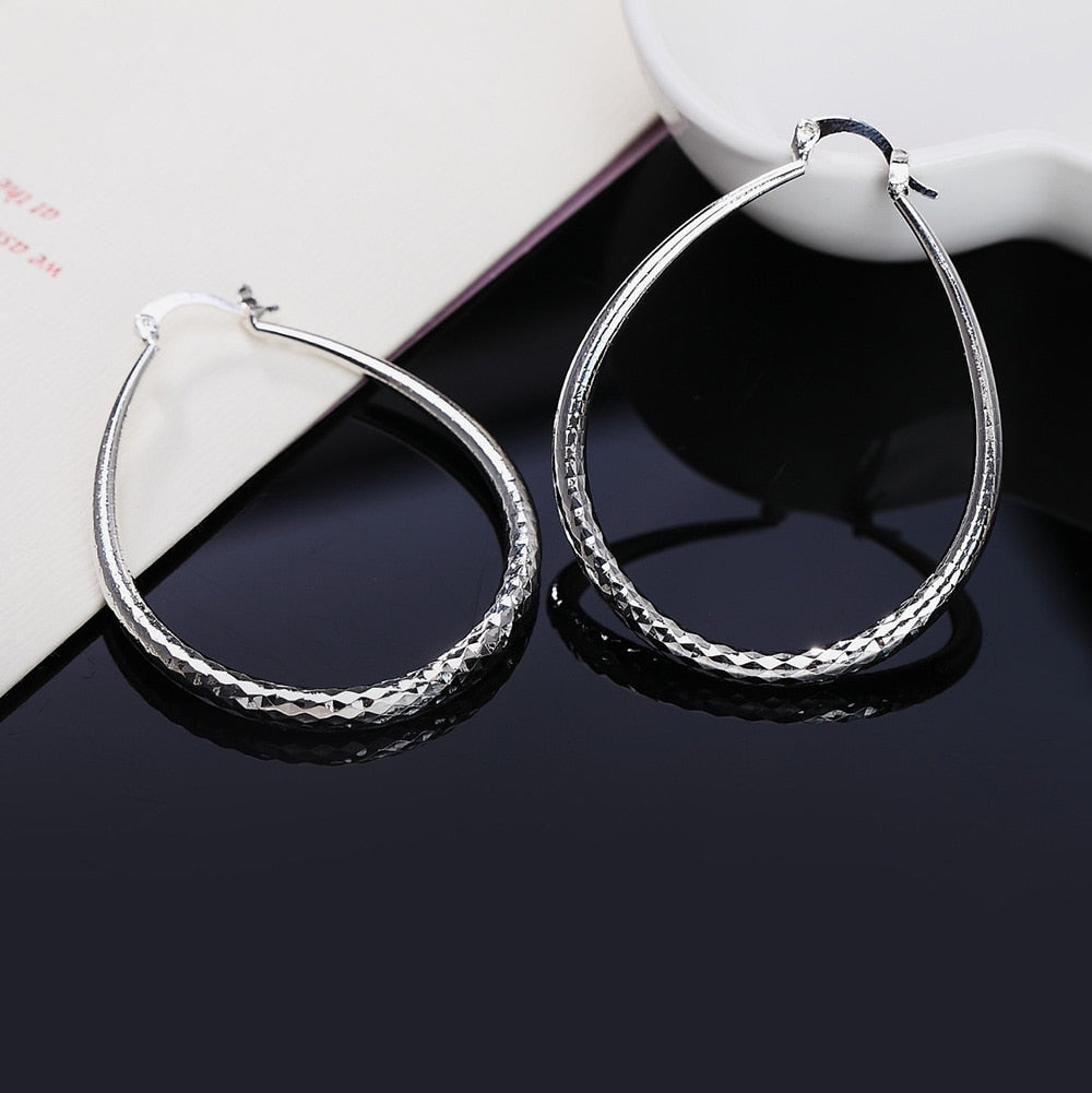 925 Stamp Silver ColorFrosted 40MM Big Round Hoop Earrings For Women Earrings  Christmas Jewelry Female Gift