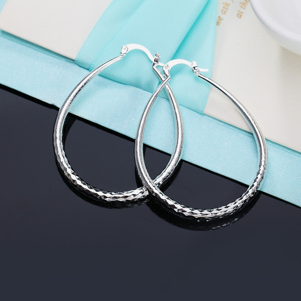 925 Stamp Silver ColorFrosted 40MM Big Round Hoop Earrings For Women Earrings  Christmas Jewelry Female Gift