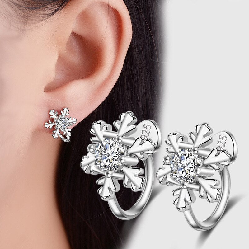 925 Stamp Silver ColorSnowflake Earrings Female Zircon Hoop Earrings For Girls Wedding Engagement Jewelry Gift