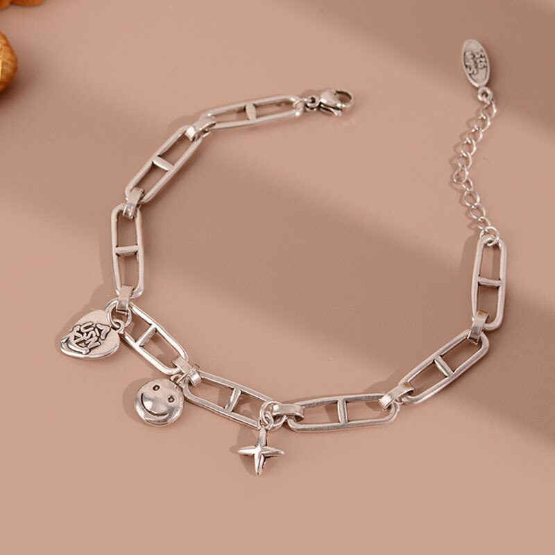 925 Stamp Silver color Smiling Face Heart Bracelet For Women 22cm Chain Bangles Vintage Party Charms Jewelry Female Christmas