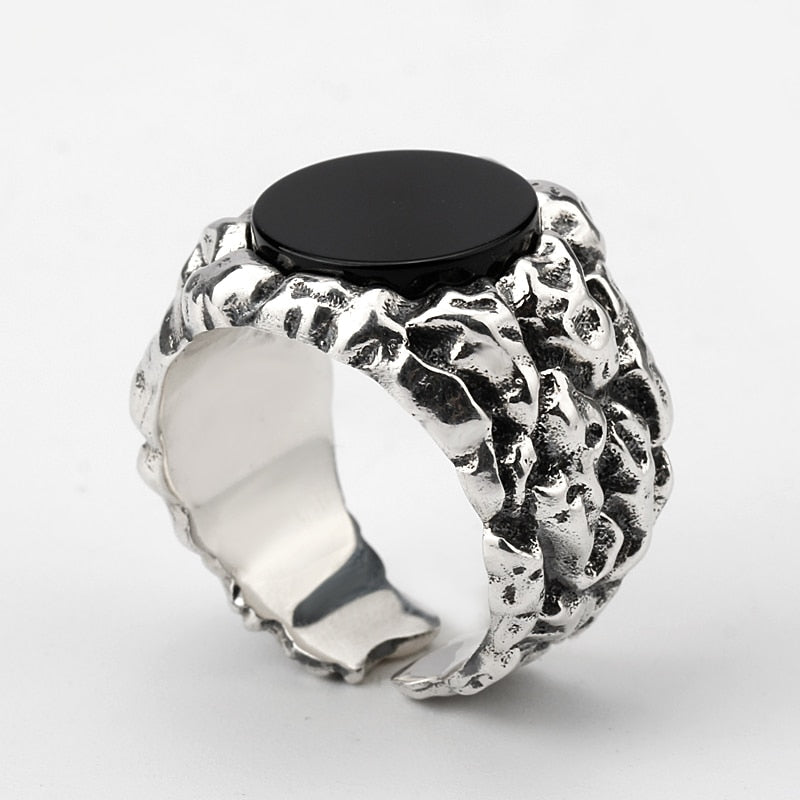 925 Sterling Silver Adjustable Men Ring Do The Old Depth Engraving with Black Agate Stone Vintage Men Ring Fine Jewelry