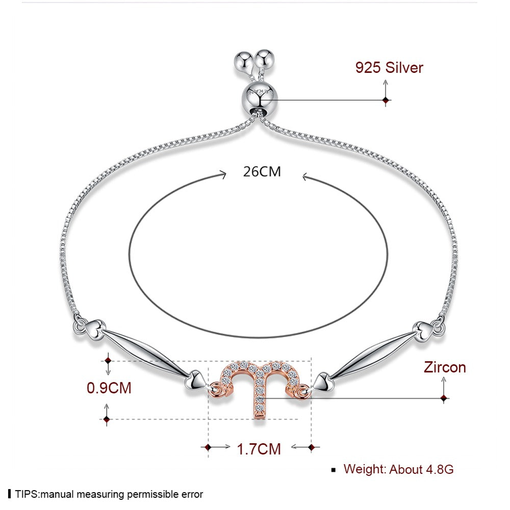 925 Sterling Silver Aries Virgo Sagittarius Aquarius Pisces Taurus Signs of the Zodiac Female Bracelets Length: Adjustable
