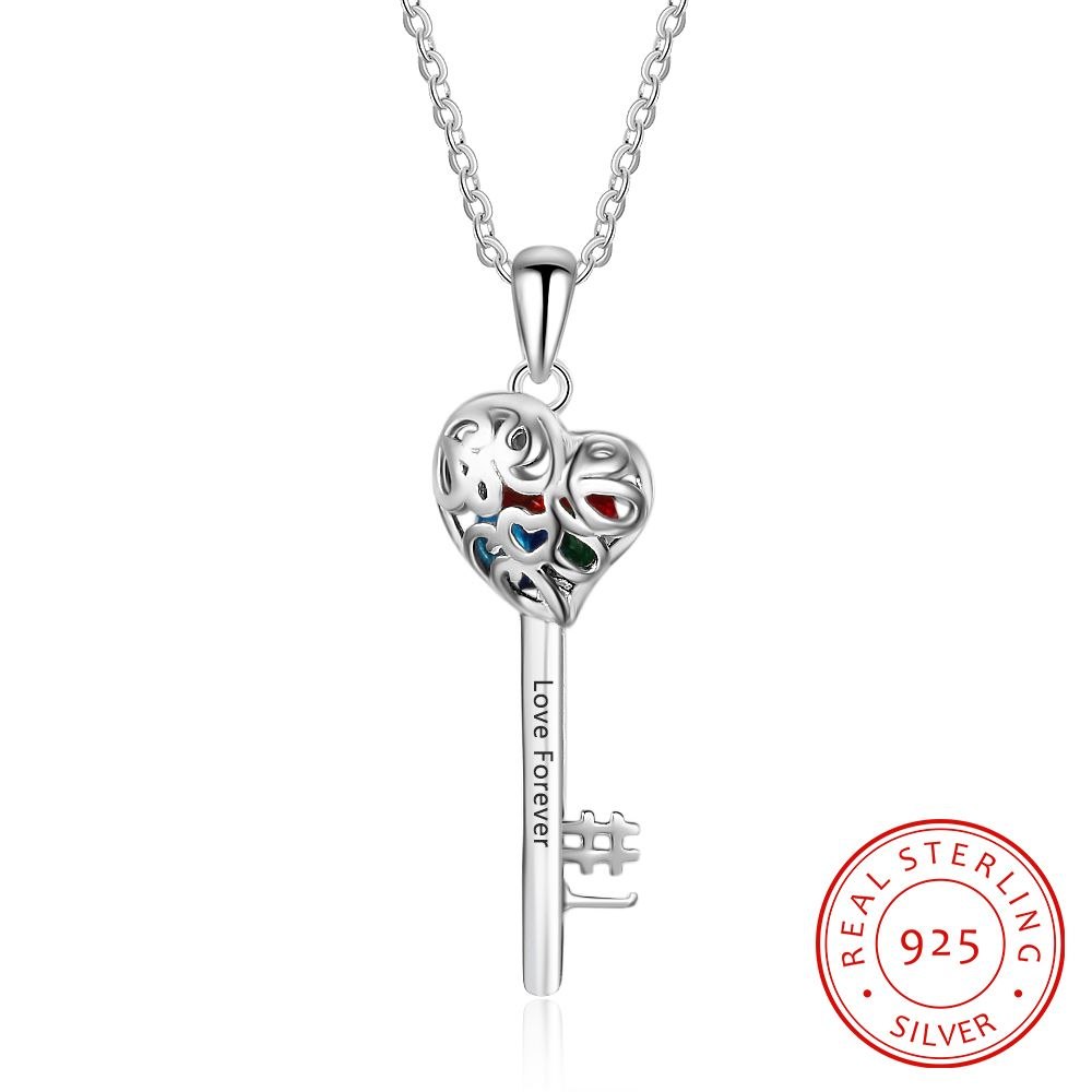 925 Sterling Silver Birthstone Key Cage Necklace Engraved Name Women Necklaces Personalized Jewelry Gift for Wife (Lam Hub Fong)