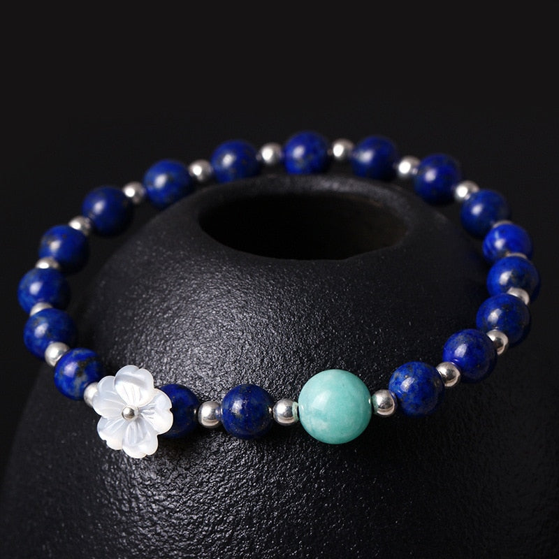 925 Sterling Silver Bracelet Handmade Vintage Hand String Shell Flower With Natural Lapis Amazon Stone High Quality
