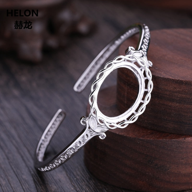 925 Sterling Silver Bracelet Semi Mount Bracelet White Gold Color Art Deco Classic for 15x21mm Oval Cabochon Amber Agate Setting