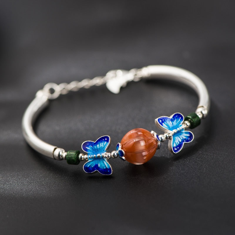 925 Sterling Silver Bracelet Silver Design Butterfly Design Natural South Onyx Silver Bracelet Women