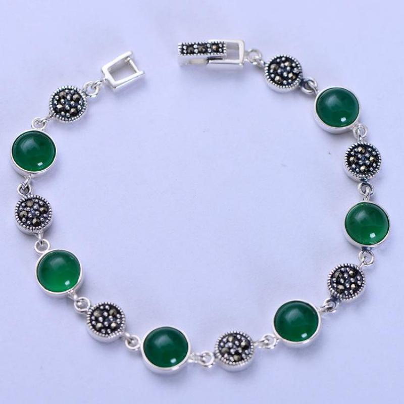 925 Sterling Silver Bracelets For Women Natural Green Chalcedony Round Beads Thai Silver Vintage Process Kehribar Bileklik