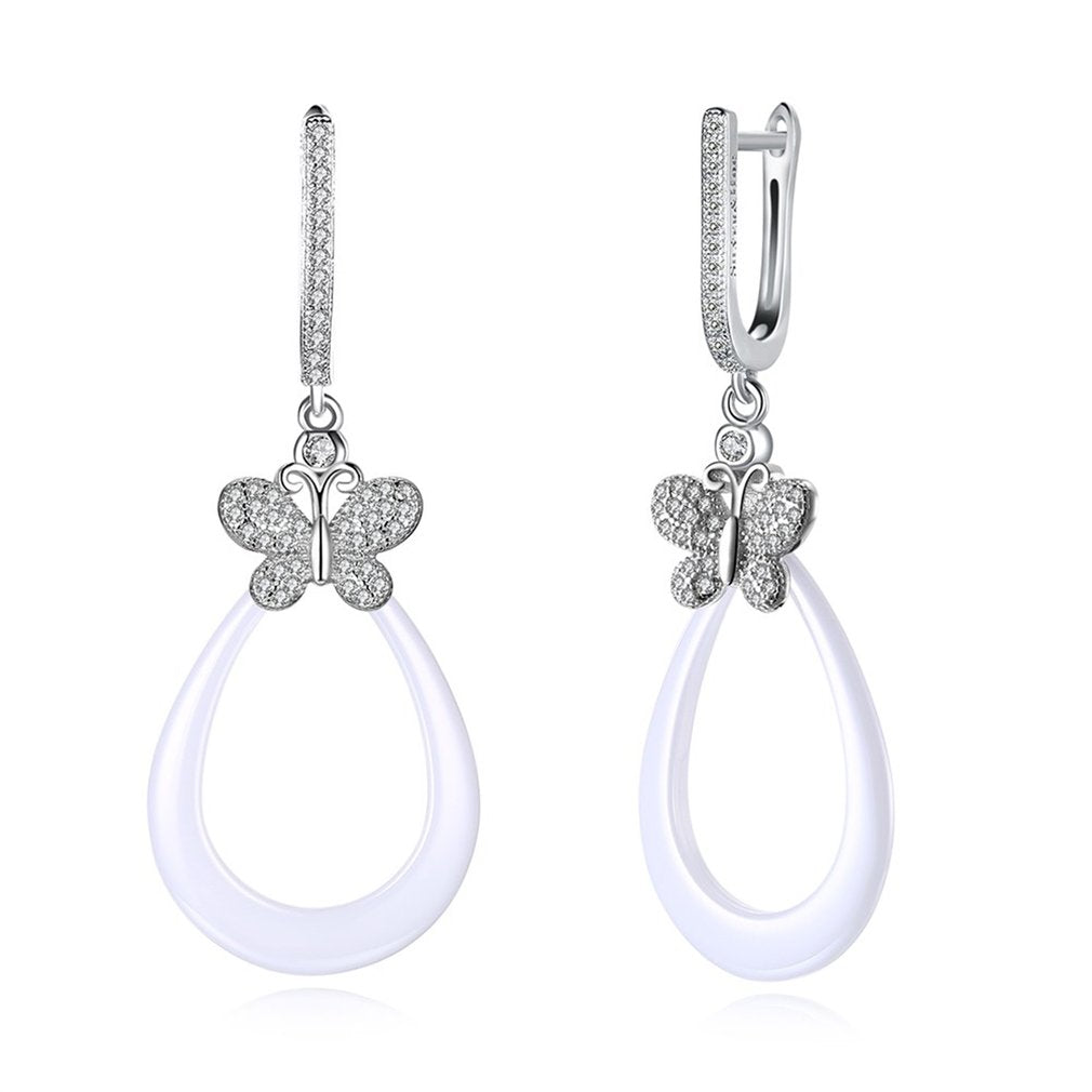 925 Sterling Silver Butterfly Zircon Water Drops Shape Ceramic Dangle Earrings Women Fashion Fine Jewelry for Daily Wear
