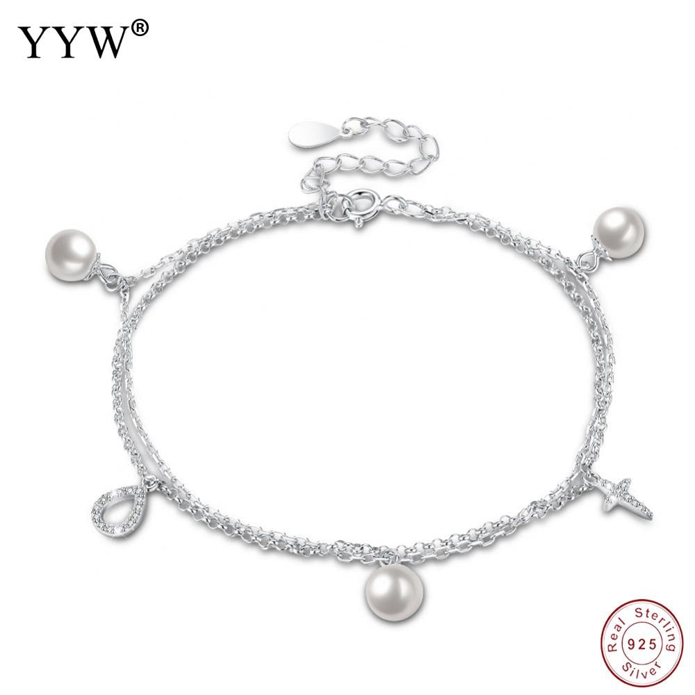 925 Sterling Silver Charm Bracelets with Shell Pearl Two Layer Oval Chain Bracelet Women Female with 1.7 lnch Extender Chain
