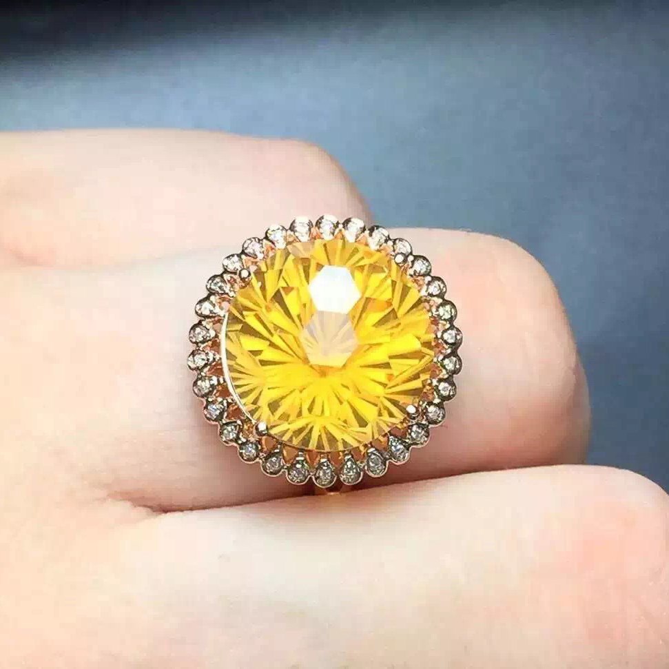 925 Sterling Silver Citrine Ring for Anniversary Flower Style Round Yellow Gemstone 12*12 mm