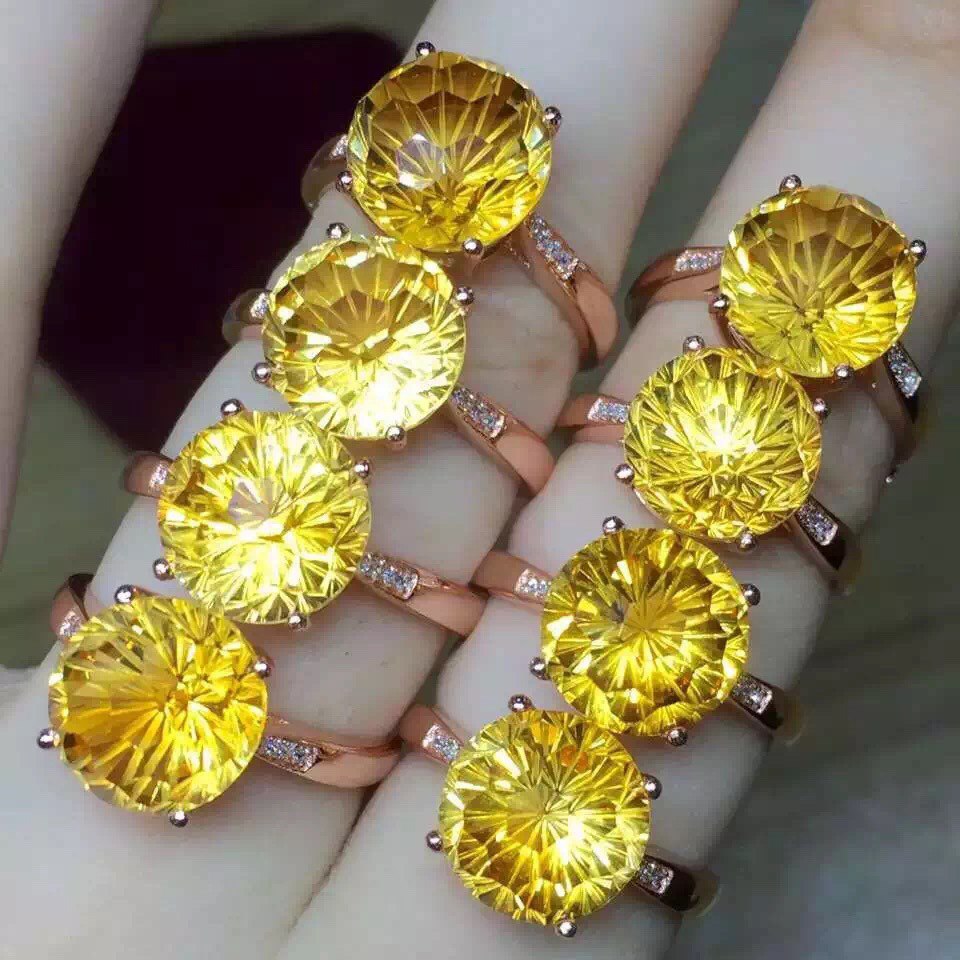 925 Sterling Silver Citrine Ring for Anniversary Yellow Gemstone 12*12 mm