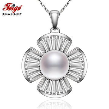 925 Sterling Silver Cross Pendant Natural Pearl Necklace for Women Fine Jewelry 9-10mm White Pearl Chain Beads Feige