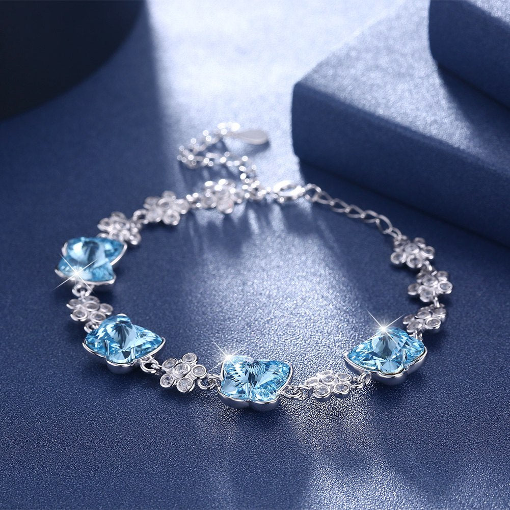 925 Sterling Silver Crystal Butterfly Charm Bracelets for Women Lady Party Gift about 17+4cm Long Fashion Jewelry