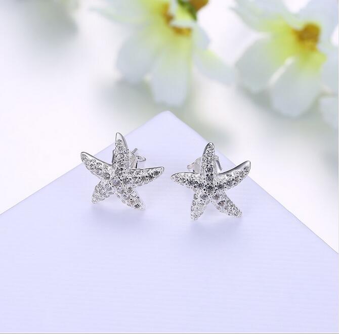 925 Sterling Silver Crystal Starfish Earrings for Women New Design Girls Christmas Gift Statement Jewelry Pendientes Plata 925