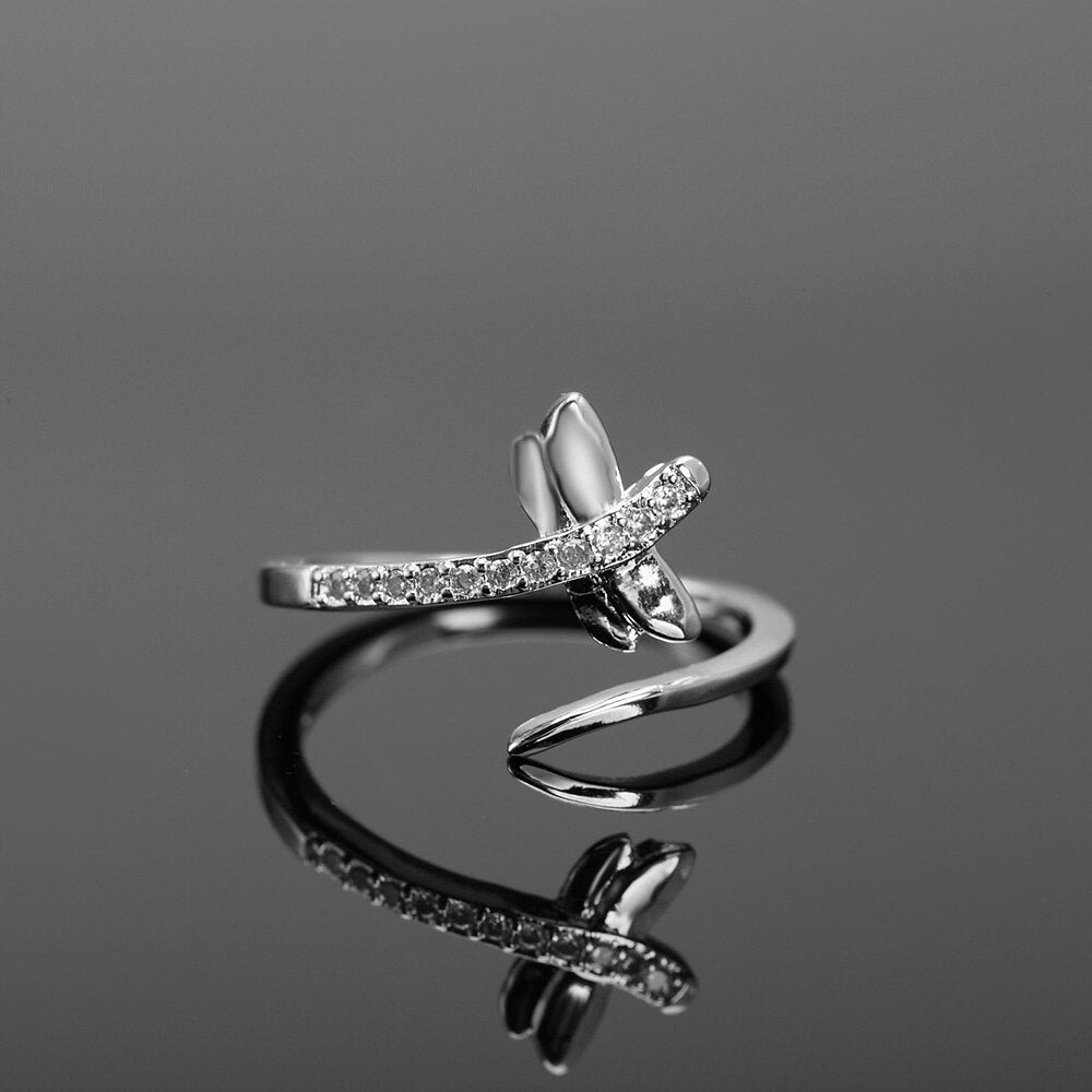 925 Sterling Silver Crystal elegant dragonfly Ring For Women 18k gold Wedding Party Gift Street all-match jewelry