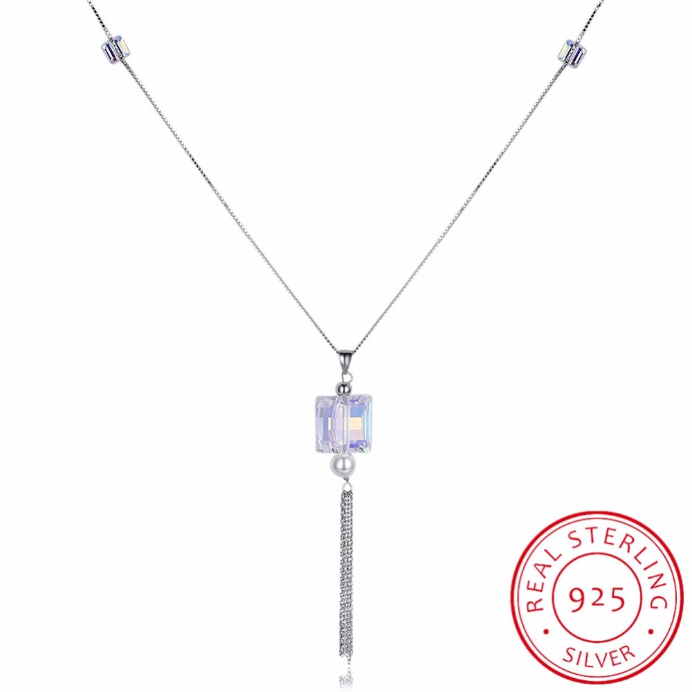 925 Sterling Silver Cube Crystal Pendant Necklace Sweater Chains Chic Long Tassel Necklace Fashion Jewelry for Women Accessorie