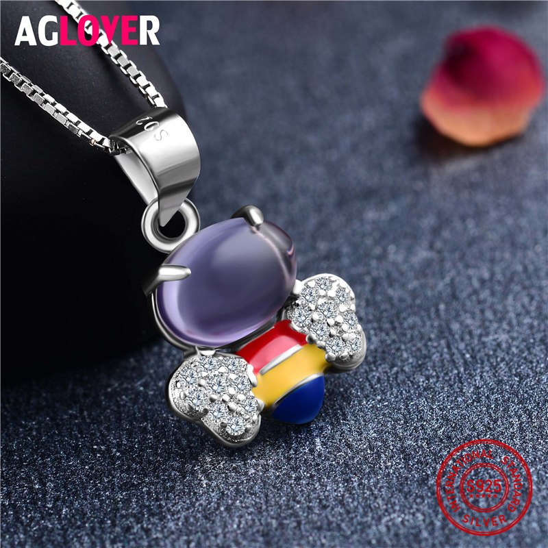 925 Sterling Silver Cute Bees Necklaces Pendants For Women High Quality Colorful Crystal Zircon Lady Sterling Silver Jewelry