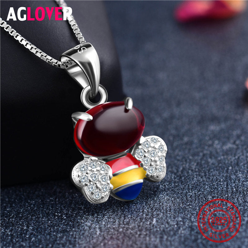 925 Sterling Silver Cute Bees Necklaces Pendants For Women High Quality Colorful Crystal Zircon Lady Sterling Silver Jewelry