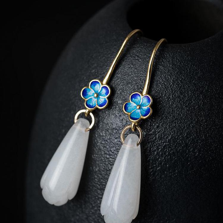 925 Sterling Silver Dangle Magnolia Flower Earrings For Women Natural White Jade Stone Handmade Enamel Process High Quality