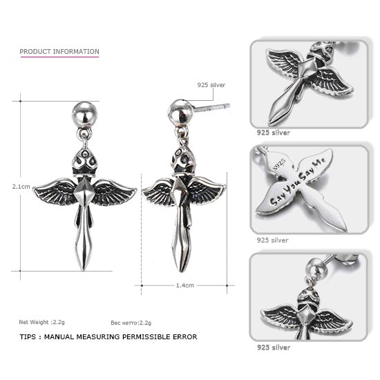 925 Sterling Silver Demon Wings Stud Earrings Vintage Party Unisex Gothic Cross Earrings 2020 New Arrival Gift