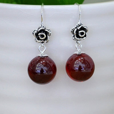 925 Sterling Silver Earrings For Women Jewelry Natural Stone Gem Garnet Vintage Flower 10mm Big Jade Long Drop Earrings SE02