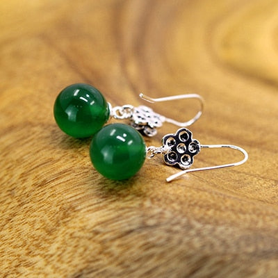 925 Sterling Silver Earrings For Women Jewelry Natural Stone Gem Garnet Vintage Flower 10mm Big Jade Long Drop Earrings SE02