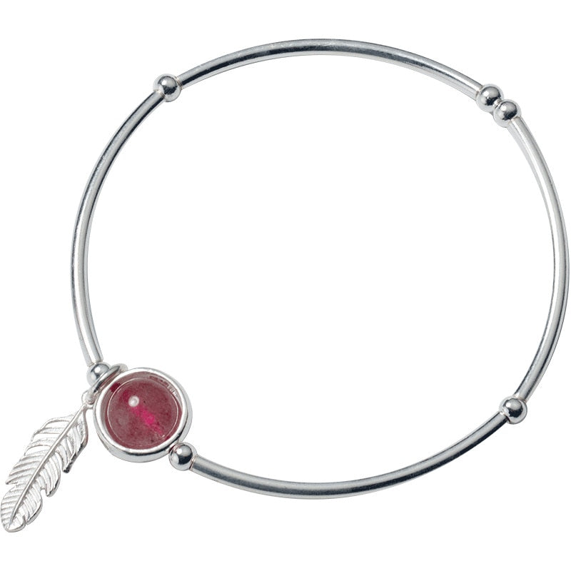 925 Sterling Silver Feather Pendant With Natural Strawberry Quartz Bracelet Fine Jewelry for Woman Valentine's D Romantic Gift