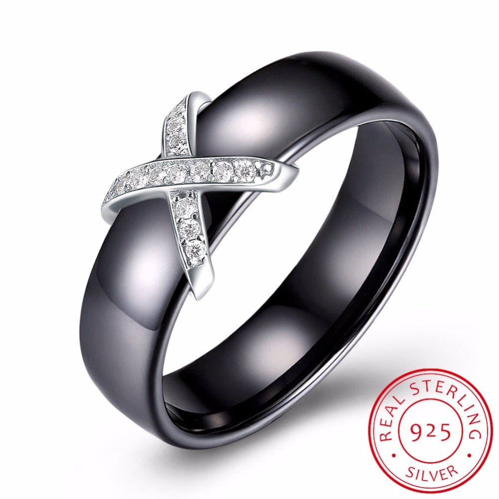 925 Sterling Silver Fine Jewelry Ring With AAA Crystal 8 mm X Cross Ceramic Rings For Women Men Size 6 7 8 Wedding Ring Gift