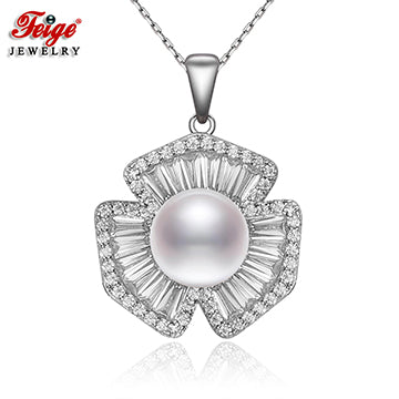 925 Sterling Silver Flower Pendant Necklace Natural Pearl Cubic Zirconia Fine Jewelry for Women 9-10mm White Chain