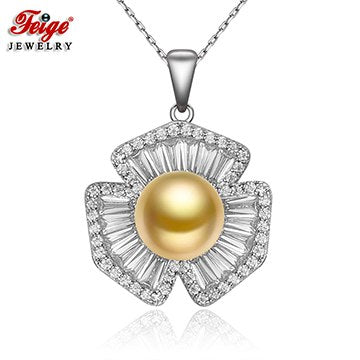 925 Sterling Silver Flower Pendant Pearl Necklace Cubic Zirconia Fine Jewelry for Women 9-10mm Golden Chain Beads
