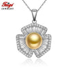 925 Sterling Silver Flower Pendant Pearl Necklace Cubic Zirconia Fine Jewelry for Women 9-10mm Golden Chain Beads