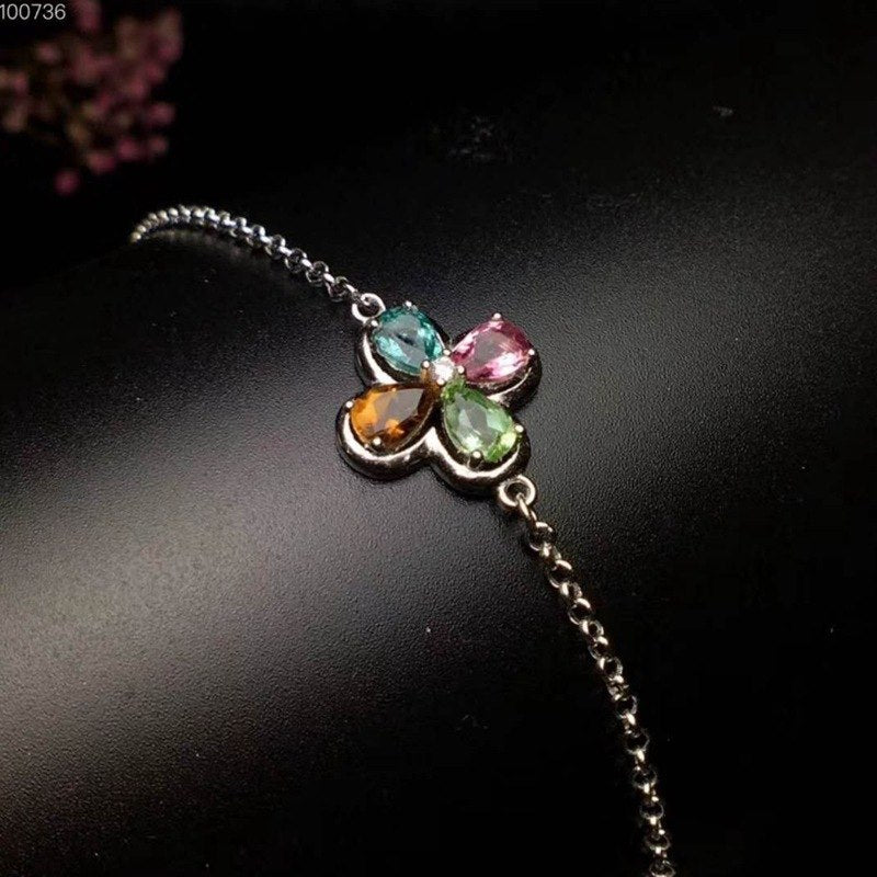 925 Sterling Silver Flower Tourmaline Charm Bracelet for Women Natural Gemstone 4 x 6 mm