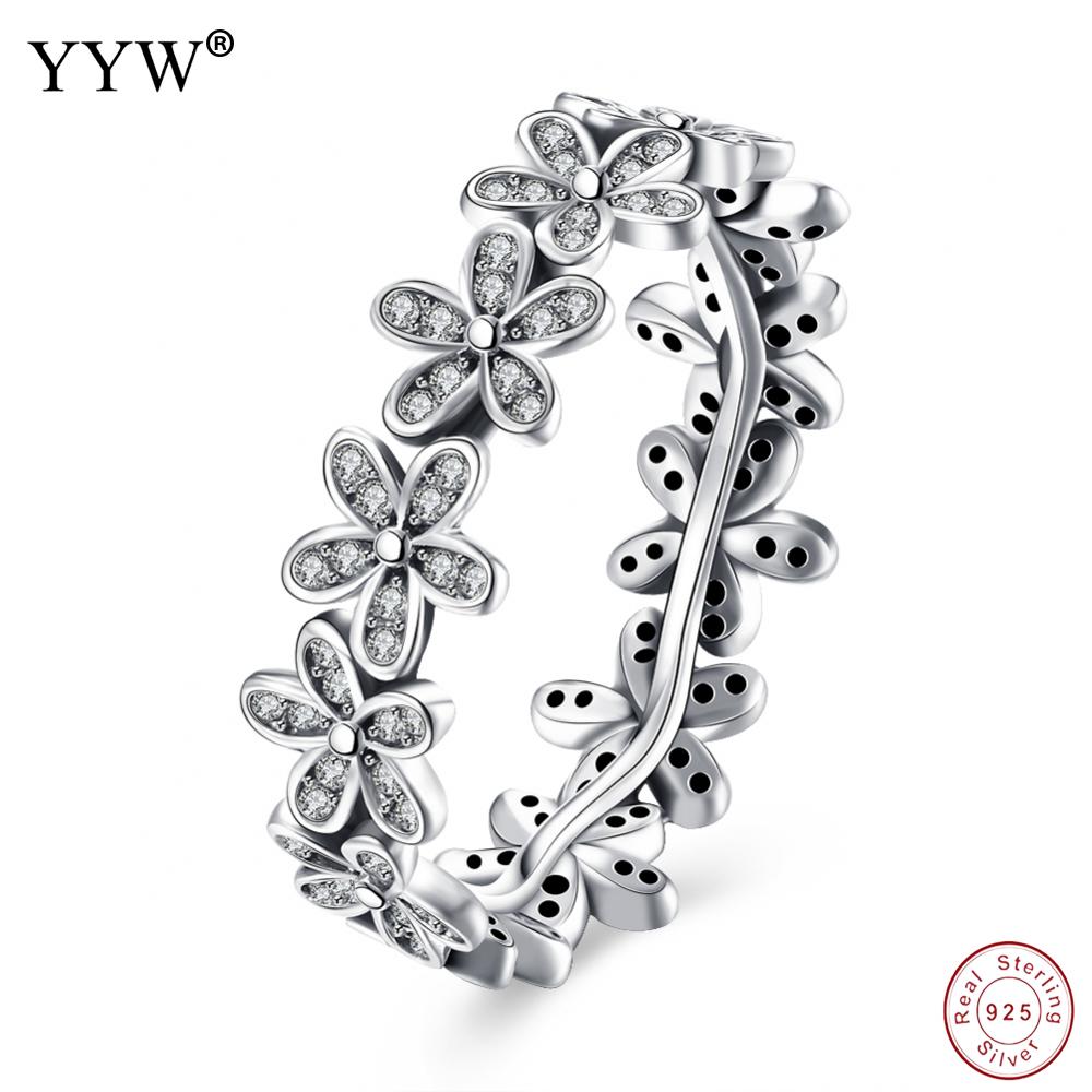 925 Sterling Silver Flowers Finger Rings Dazzling Daisy Meadow Stackable Ring, Clear CZ For Women Wedding Jewelry