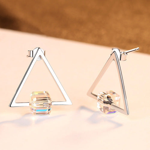 925 Sterling Silver Geometric Earrings for Women Triangle Shape with Square Crystal Simple Design Stud Earrings LAN CAI Jewelry