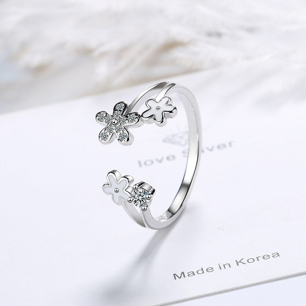 925 Sterling Silver Glazed White Little Flower Adjustable Open Finger Rings For Women Girls Wedding Anelli Fine Party Jewelry