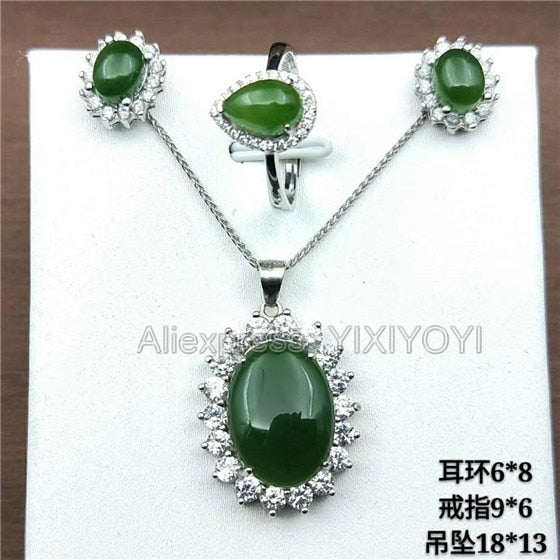 925 Sterling Silver Green HeTian Jade Jasper Beads Inl Dangle Lucky Pendant + Chain Necklace Earring Ring Woman's Fine Jewelry