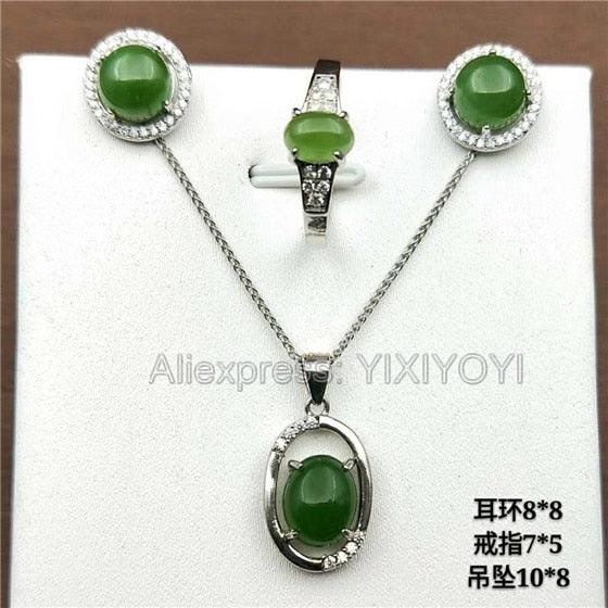 925 Sterling Silver Green HeTian Jade Jasper Oval Beads Dangle Lucky Pendant + Chain Necklace Earring Ring Woman's Fine Jewelry