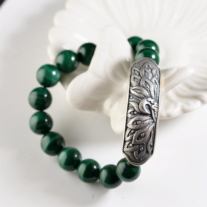 925 Sterling Silver Handmade DIY Malachite Beads Bracelet For Women With Phoenix Peony Charm Natural Stone Bracelets