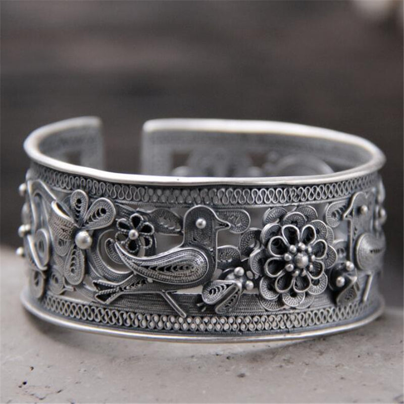 925 Sterling Silver Handmade Opening Bracelets & Bangle Top quality Cute Bird Flower Bangle for Women Chinese Elements Bijoux