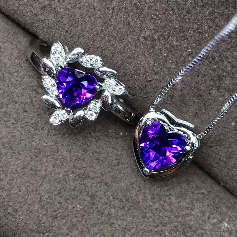 925 Sterling Silver Heart Amethyst Pendent Necklace, Ring, Jewelry Set White Natural Gemstone 6 x 6 mm